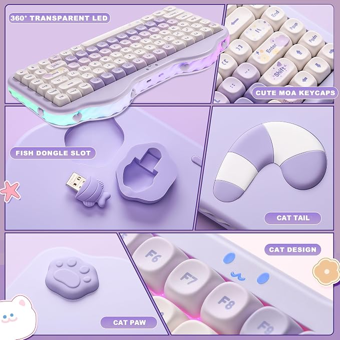 YUNZII C75 Cute 75% Wireless Mechanical Keyboard (Purple, Candy Switch) | Creamy Cake Keyboard, BT5.0/2.4G/USB-C, Hot-Swap, NKRO, PBT MOA Keycaps,5500mAh RGB Gasket Mount for Mac/Win/Gaming/Office