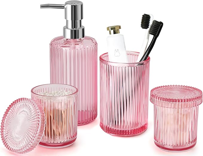Pink Bathroom Accessories Set, 4 Pcs Glass Bathroom Accessory Set, Pink Soap Dispenser and Toothbrush Holder Set, Qtip Holder Set, Vintage Bathroom Sink Set, Cute Bathroom Decor