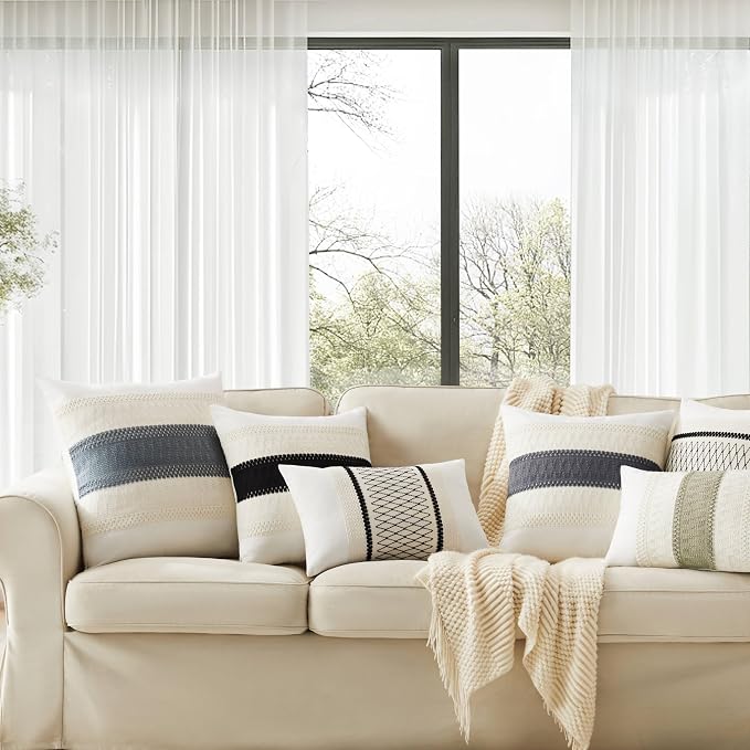 2pk Boho Pillow Covers 12x20, Natural White/Contrast/Navy | 100% Organic Cotton Body, Stripe Embroidery, Farmhouse Decorative Cushion Covers for Sofa Bed Living Room Home Decor