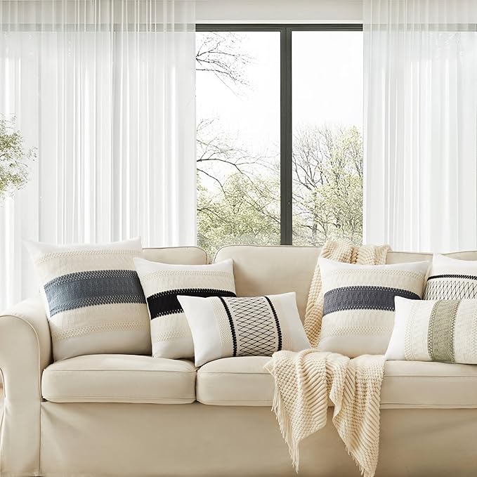 2pk Boho Pillow Covers 12x20, Natural White/Contrast/Dark Sage | 100% Organic Cotton Body, Stripe Embroidery, Farmhouse Decorative Cushion Covers for Sofa Bed Living Room Home Decor