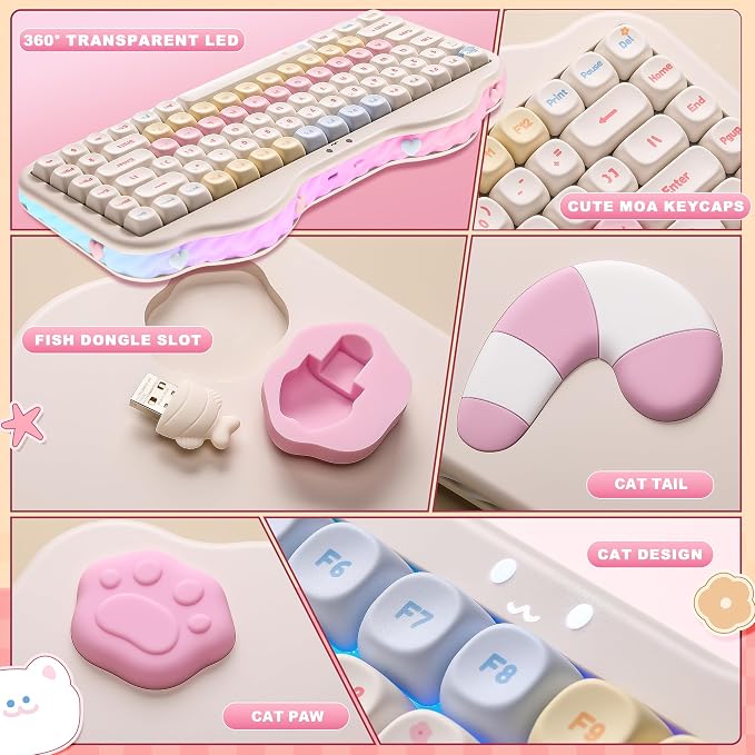 YUNZII C75 Cute 75% Wireless Mechanical Keyboard (Beige, Milk Switch) | Creamy Cake Keyboard, BT5.0/2.4G/USB-C, Hot-Swap, NKRO, PBT MOA Keycaps,5500mAh RGB Gasket Mount for Mac/Win/Gaming/Office