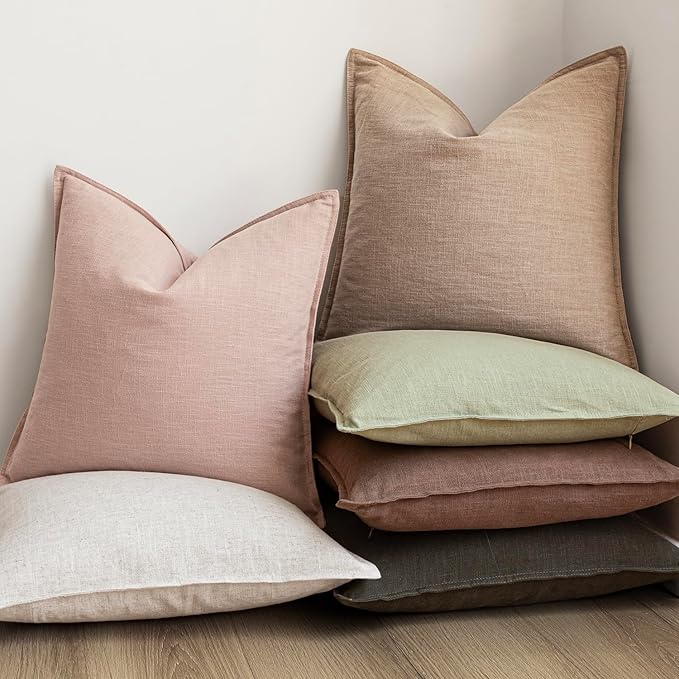 Foindtower Pack of 2, Decorative Linen Solid Throw Pillow Covers Soft Accent Cushion Case Boho Farmhouse Pillowcase for Chair Couch Sofa Bedroom Living Room Home Decor 26 x 26 Inch Light Sage Green