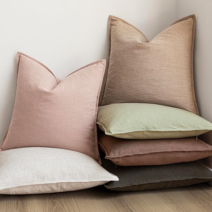 Foindtower Pack of 2, Decorative Linen Solid Throw Pillow Covers Soft Accent Cushion Case Boho Farmhouse Pillowcase for Bed Chair Couch Sofa Bedroom Living Room Home Decor 22 x 22 Inch Light Pink