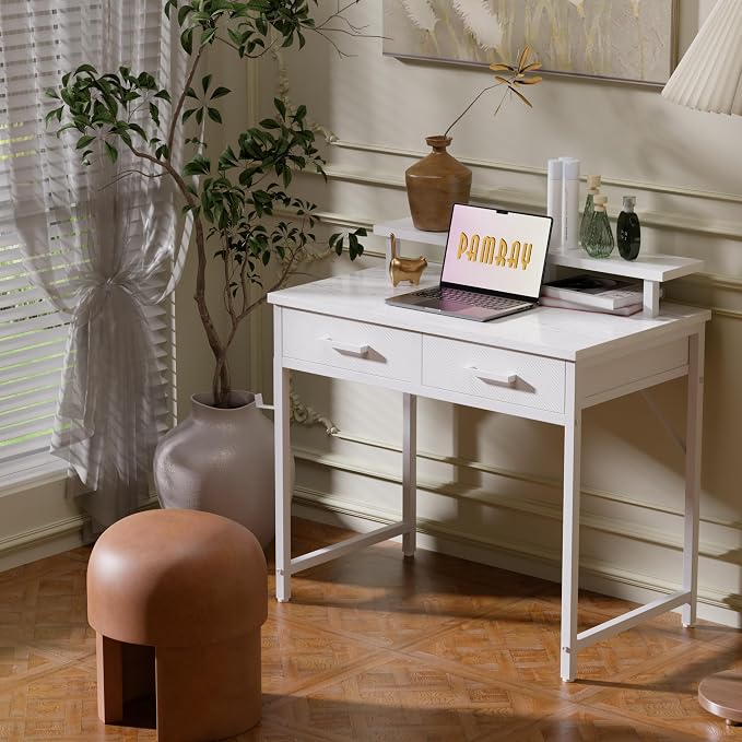 Pamray 32 Inch Small Computer Desk with Monitor Stand and 2 Drawers | Small Gaming Desk, for Bedroom Apartment and Dorm, for Study Work and Writing, Small Spaces, Sturdy, Easy Assembly