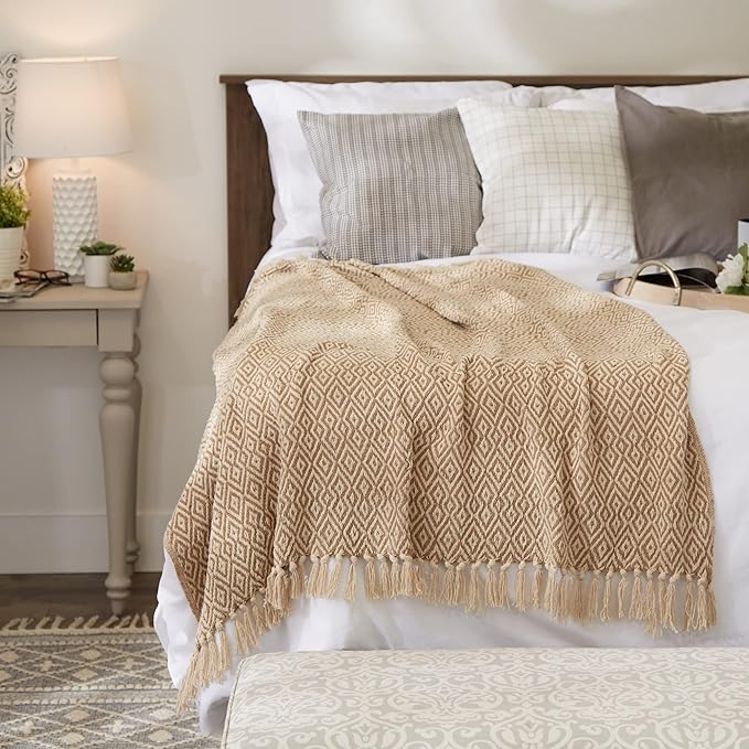 DII Rustic Farmhouse Double Diamond Woven Throw,Stone, 50x60 (Pack of 12)