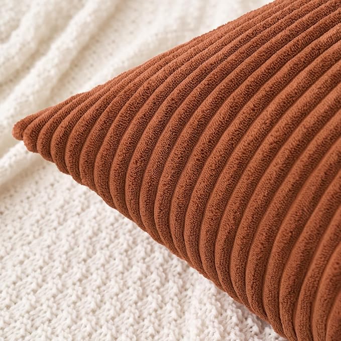 MIULEE Fall Euro Corduroy Throw Pillow Covers Set of 2 24x24 Dark Rust | Decorative Striped Textured Cushion Cases, Boho Rustic Square Pillowcases, Home Decor for Couch Chair Sofa Bed Living Room