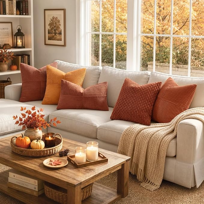 MIULEE Fall Rust Decorative Lumbar Throw Pillow Covers 14x24 Inch 2 Pack | Boho Farmhouse Pillow Covers, Soft Cross Corduroy Patchwork Textured Cushion Cases For Bed Sofa