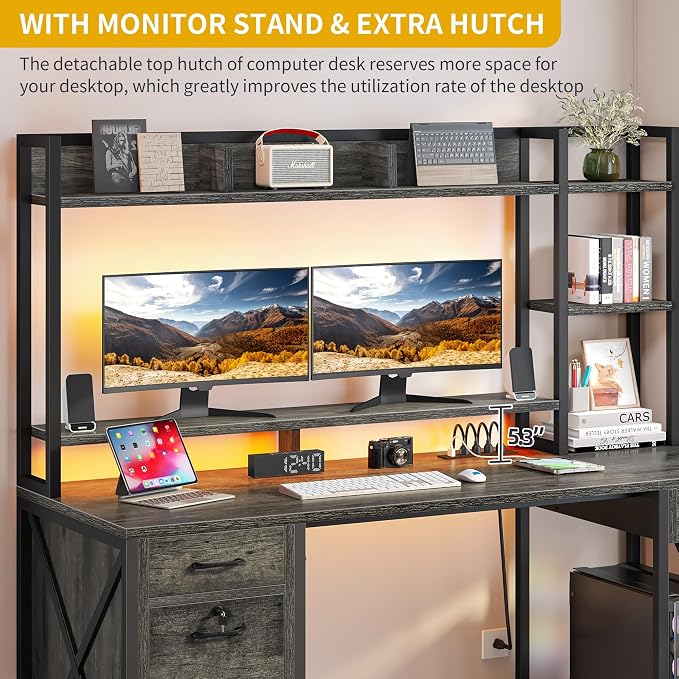 DWVO Computer Desk with Drawers & Hutch, 59.1" Office Desk with Power Outlets & LED Lights, Home Office Desk with Storage Shelves, Grey | Built-In Power Outlets, Led Lights, Hutch Shelves, Storage Drawers, for Home Office Work Study, Easy Assembly