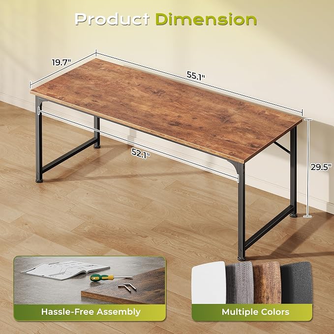 PRAISUN 55 Inch Computer Desk, Home Office Desk with Spacious Desktop, Rustic Brown