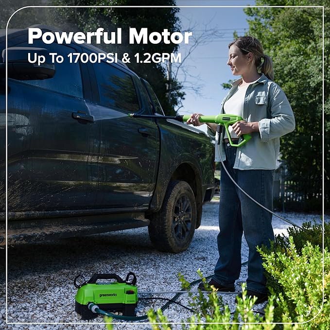 Greenworks 1700 PSI and 1.2 GPM Pressure Washer - Ultra Compact & Lightweight, Ideal for Cleaning patios, Decks, Sidewalks, Outdoor Furniture, Bikes, Cars, and Small Driveway Areas.