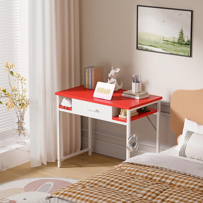 Pamray 32 Inch Small Computer Desk with Drawers for Bedroom Small Spaces | Compact, Sturdy, Easy Assembly, Mini, Suitable for Dorm and Apartment, Study and Writing
