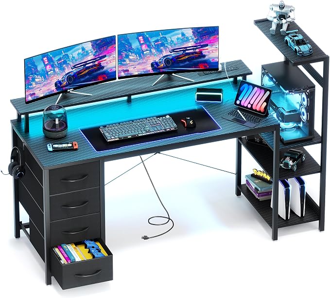 59 Inch Gaming Desk with Drawers & PC Tower Stand & LED Lights, Black | Reversible, Monitor Shelf, Power Outlets, Carbon Fiber, Mesa Gamer, Computer Desk with Storage, Gaming Table for Home Office