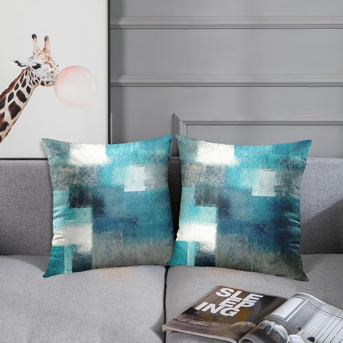 Emvency Throw Pillow Covers Set of 2, 16 x 16 Inch, Abstract Teal Turquoise | Modern Painting Outdoor Decorative Square Pillow Cases Couch Cushion Case for Couch Bed Sofa Living Room Home Decor