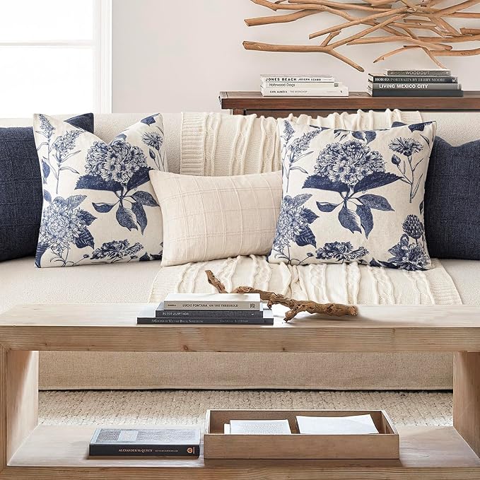 Foindtower Set of 2 Linen Floral Vintage Throw Pillow Covers Neutral Accent Print Decorative Cozy Cushion Covers Farmhouse Boho Home Decor for Sofa Chair Couch Bed Living Room,20×20 Inch,Navy Blue