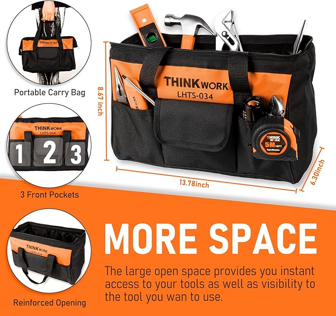 THINKWORK Tool Set - 207 Piece Portable Home Repairing Tool Kit, General Household Hand Tool Set with 13'' Wide Mouth Open Storage Tool Bag, Perfect for DIY, Home Maintenance, Handyman - Gift for Men