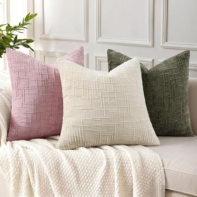 decorUhome Textured Chenille Throw Pillow Covers 12x20 Set of 2 Blush Pink | Fall Modern Farmhouse Soft Cozy Slubby Couch Pillow Cases Boho Decorative Pillow Cases for Bed Sofa Living Room Home Decor