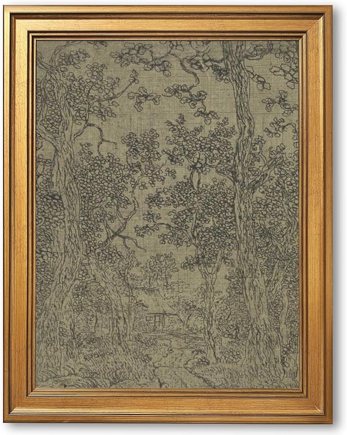 Gold Framed Antique Textile Landscape Sketch Wall Art Painting Moody Vintage Drawing Print Rustic Old-World Picture Poster Neutral Canvas Artwork for Living Room Study Entryway Home Decor 24x36inch