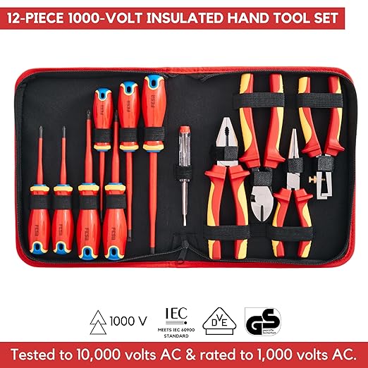 FESA 12-Piece Insulated Electrician Tool Set - 1000V Screwdriver & Pliers Kit with Voltage Tester & Storage Case