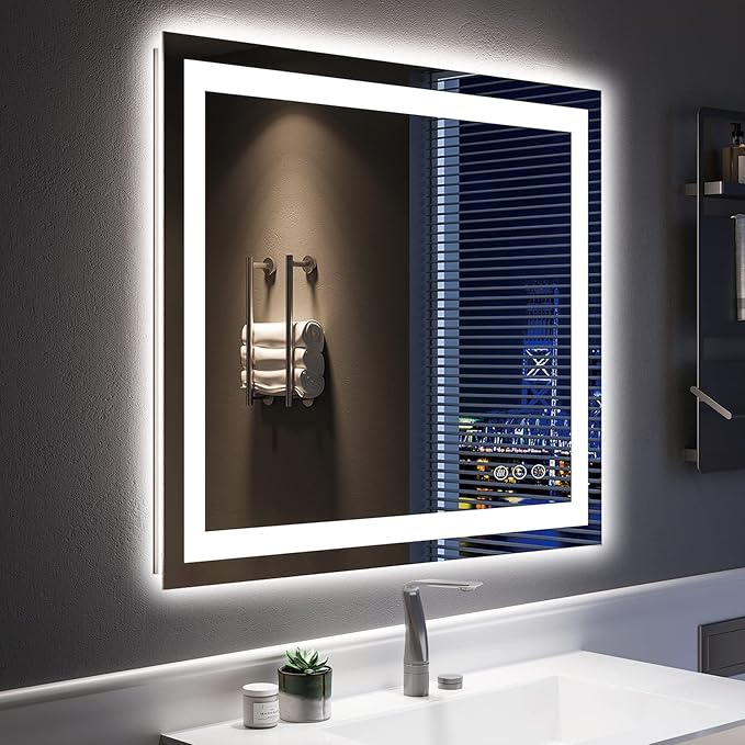 36x30 Inch LED Bathroom Mirror with Lights Front and Backlit Lighted Vanity Mirror for Bathroom Wall with 3 Colors Dimmable Anti-Fog Memory Shatter-Proof IP54 Waterproof Horizontal/Vertical