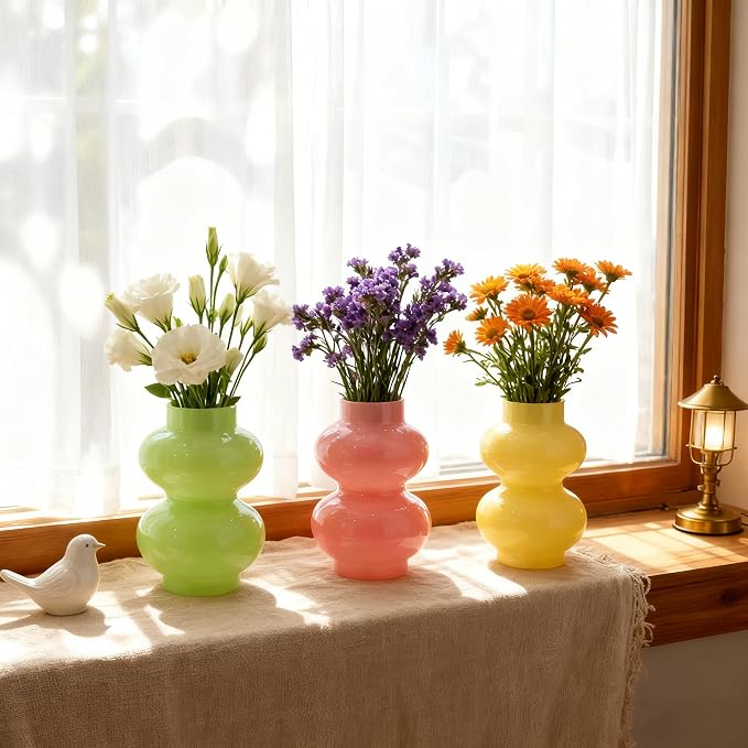 JSPYFITS Glass Hydroponic Flower Vase, Double Balls Colored Glass Bubble Vase for Flower, 7 Inches Glassvase Funky Vase for Home/Office/Weddings/Party Table Flower Décor (Milky Yellow)