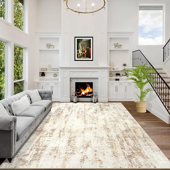 8x10 Area Rugs Washable Rug: Modern Abstract Living Room Rug Soft Anti-Skid Thin Carpet Indoor Floor Non-Shedding Carpets for Bedroom Dining Room Farmhouse Nursery Home Office Beige Grey