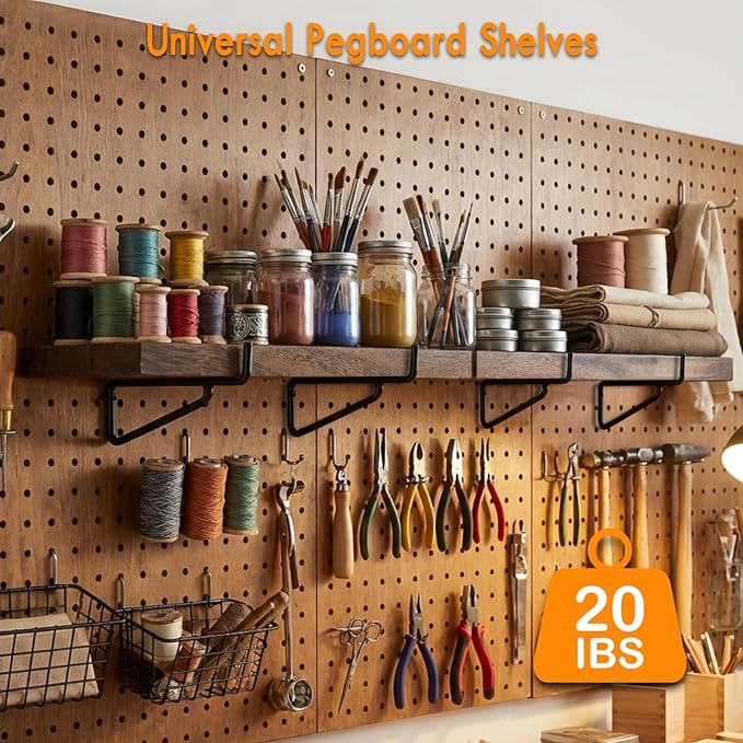 2 Pack Pegboard Shelves with Brackets, Peg Shelf Board with Hooks Fits 1/8" 1/4" Pegs Slots, Peg Board Organizer Accessories Various Tools Storage Arrange System for Garage Craft Workshop (Brown)