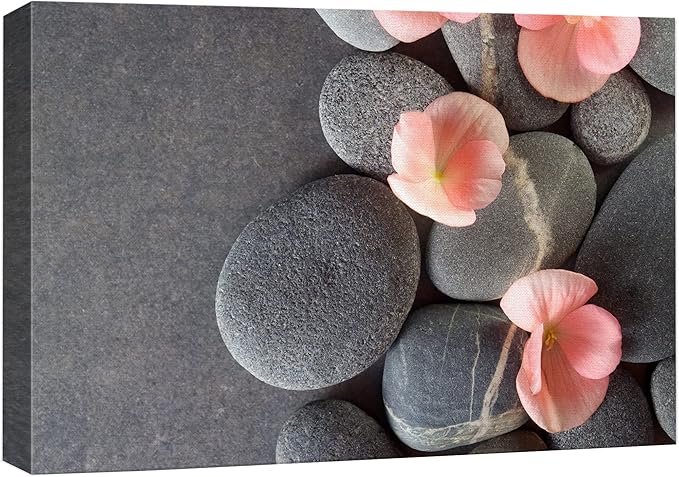 wall26 Canvas Print Wall Art Gray Stones with Pink Daisy Flowers Floral Nature Photography Realism Bohemian Scenic Relax/Calm Cool for Living Room, Bedroom, Office - 24"x36"