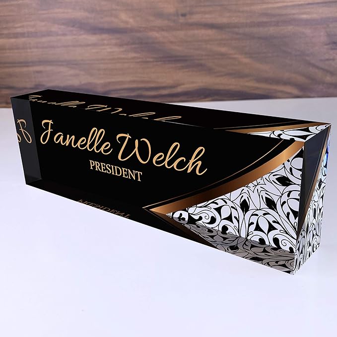 Artblox Office Desk Name Plate Personalized | Custom Name Plates for Desks | Abstract Flower Design On Clear Acrylic Glass | Office Desk Decor - (8" x 2.5")