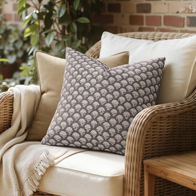 MIULEE Floral Print Decorative Pillow Covers 20x20, Stone Grey | Vintage Boho Farmhouse Modern Home Decor, Set of 2, Block Print Cushion Covers for Couch Sofa Bed Living Room