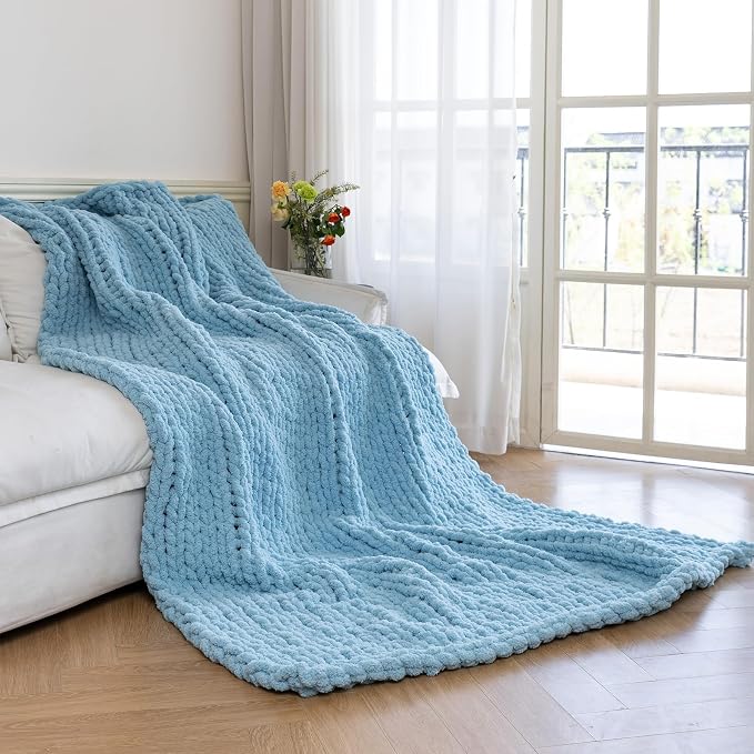 Chunky Knit Blanket - Luxury Soft Cozy 40 * 50 Throw Blanket,100% Woven Blanket Rope Knot Throw Blanket for Couch, Sofa, Home Decor, Gift - Machine Washable（Light Blue）