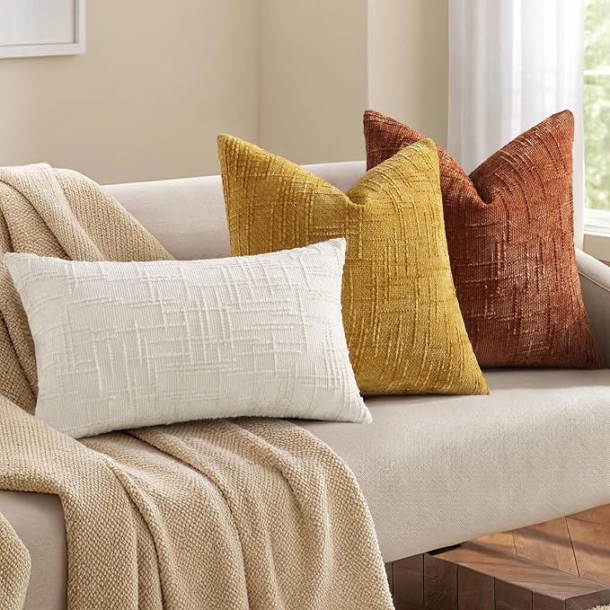 decorUhome Textured Chenille Throw Pillow Covers 18x18 Set of 2 Rust | Fall Modern Farmhouse Soft Cozy Slubby Couch Pillow Cases Boho Decorative Pillow Cases for Bed Sofa Living Room Home Decor