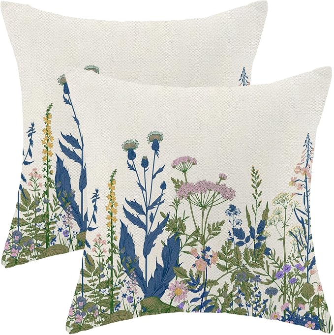 AEIOAE Navy Blue Teal Pillow Covers 18x18 Inch Set of 2, Spring Wildflower Plant Throw Pillows Case,Seasonal Floral Outdoor Decorative Flowers Farmhouse Decor Cushion Covers for Home Sofa Bed Couch