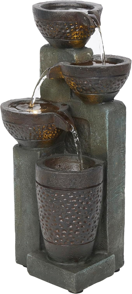 Alpine Corporation TZL412 14" Stoned Jar Cascading Water Fountain with LED Lights – Elegant Tabletop Water Feature for Home, Office, Living Room, Bedroom, and Desk Décor, Gray