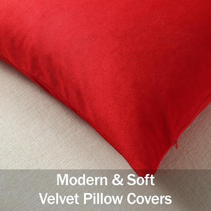 Euro Sham Covers 26x26 Christmas Red: Pack of 2 Cozy Soft Velvet Square Modern Luxury Decorative Throw Pillow Cases for Sofa Couch Living Room Bed Home Decor