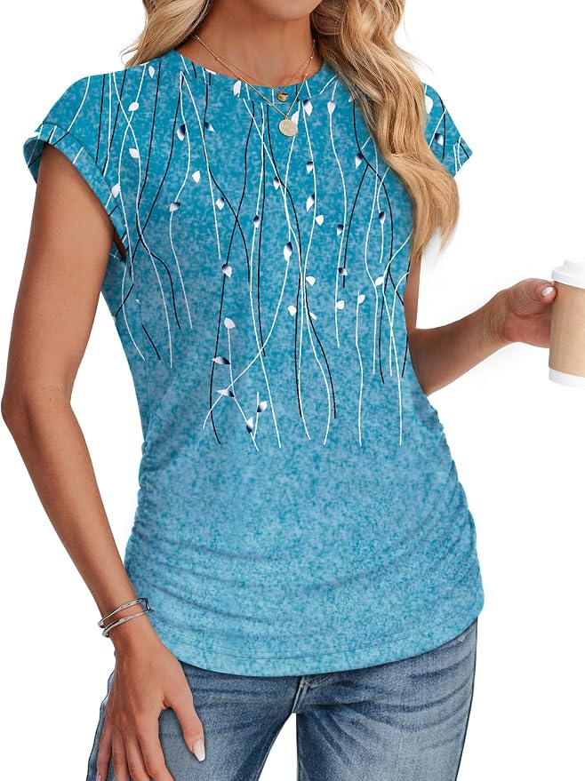 Sampeel Womens Summer Tops Trendy 2026 Ruched Cap Short Sleeve Tshirts Shirts Crew Neck T Shirts Fashion