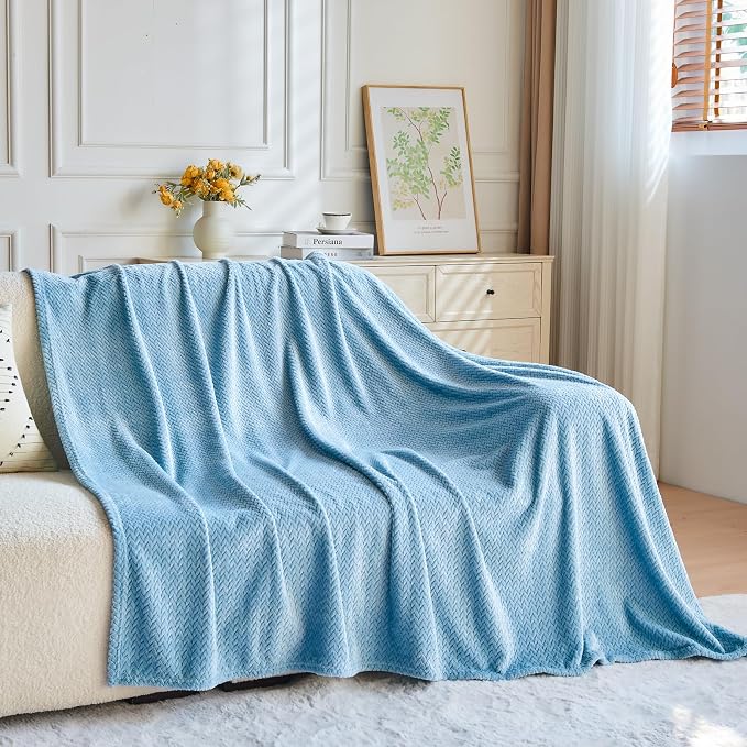 NEWCOSPLAY Fleece Leaves Pattern Twin Blanket, Light Blue, 60"x80" | Super Soft Throw Blanket, Lightweight Cozy Bed Sofa Blanket, Premium Silky Flannel Fleece, Travel Blanket for All Season Use