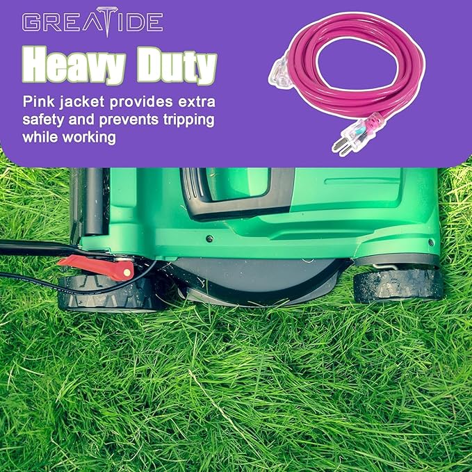 Indoor Extension Cord with Lighted End, 12 Gauge Heavy Duty 3 FT, 3 Prong Grounded 15 Amp Extension Cord, 12/3 SJTW Power Cord for Garage, Garden, Appliance, UL Listed, Pink