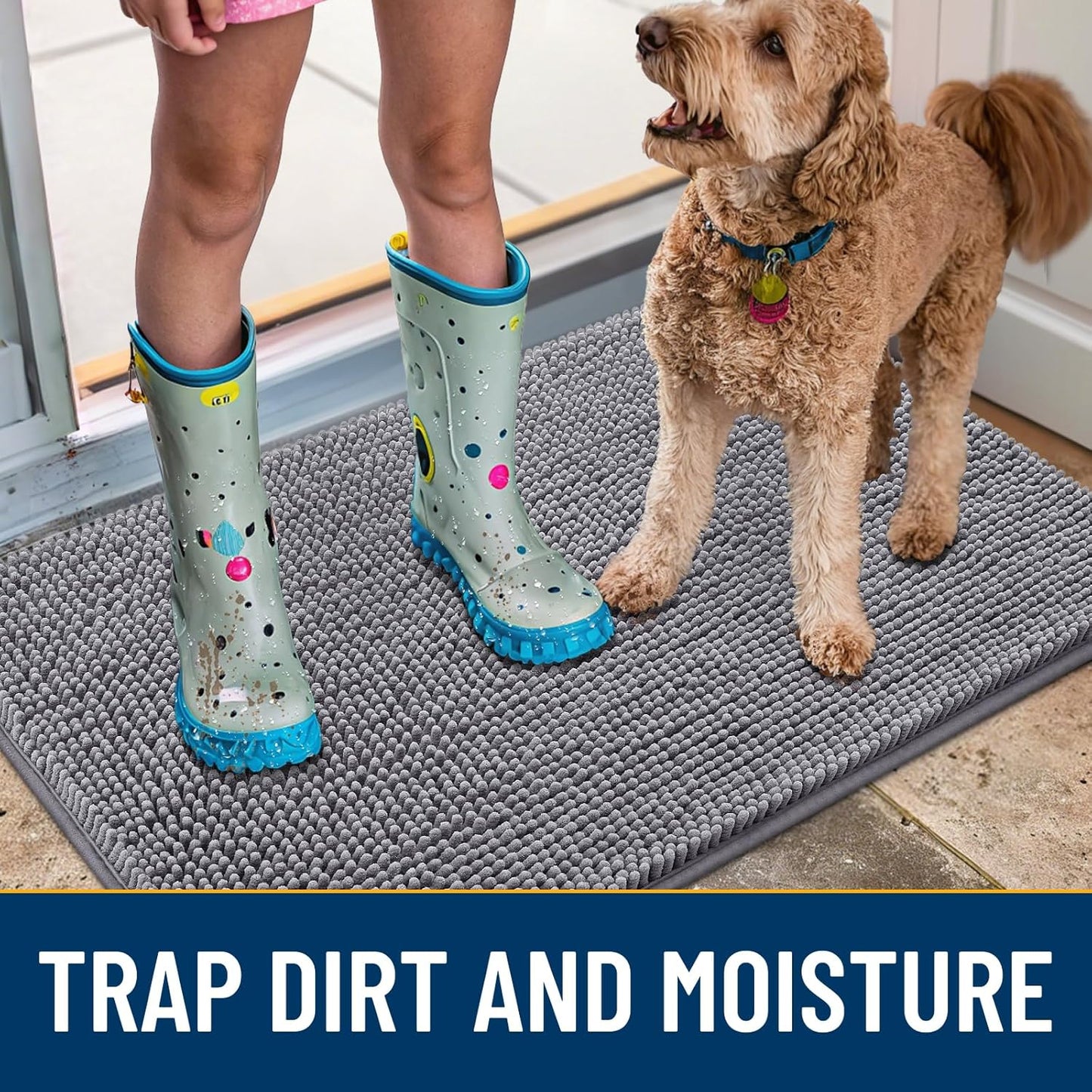 Smiry Dog Door Mat for Muddy Paws 47x32, Absorbs Moisture and Dirt Doormat, Non-Slip Washable Quick Dry Chenille Front Door Mat Indoor Entrance, Entryway Carpet for Inside Floor, Grey