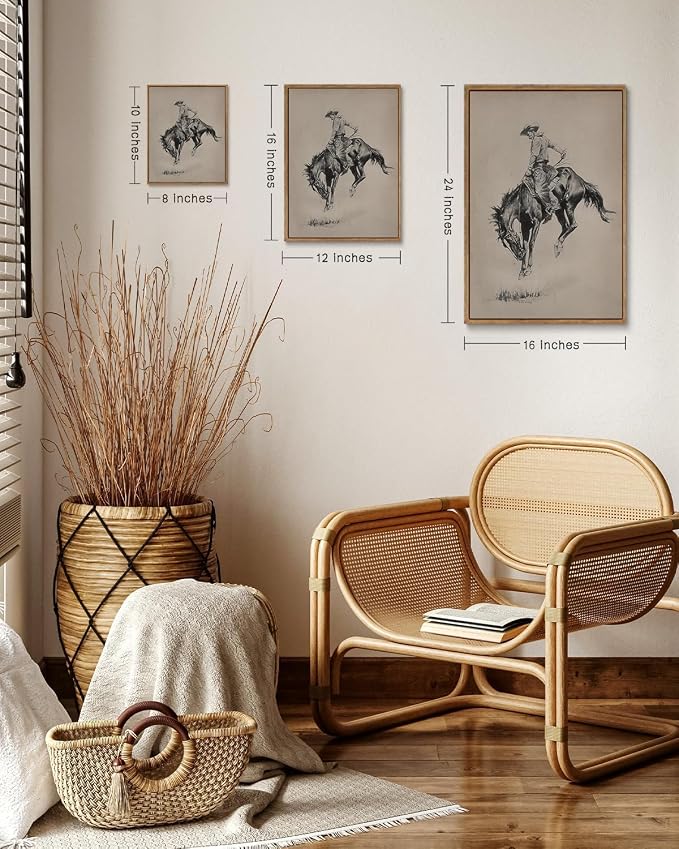 ZZLWBKGL Western Wall Decor Bronco Buster Canvas Art Cowboy Framed Wall Art | Vintage Artwork Farmhouse Picture Retro Country West Paintings for Living Room Bedroom 12x16in