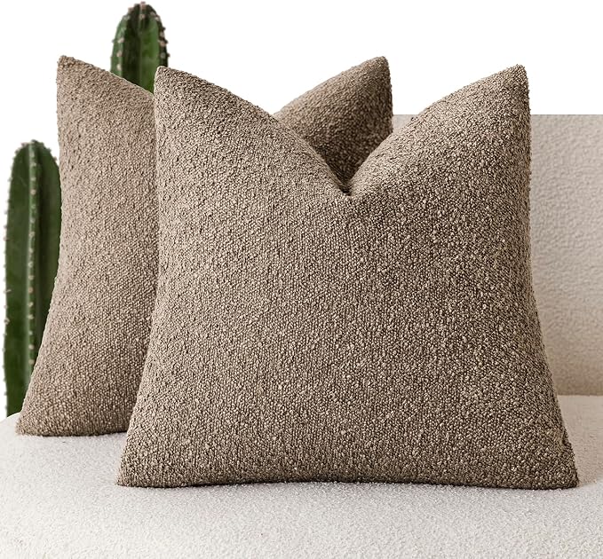 Foindtower Set of 2, Decorative Textured Boucle Throw Pillow Covers Accent Solid Pillow Cases Neutral Soft Cozy Couch Cushion Case for Chair Sofa Bedroom Living Room Home Decor 16x16 Inch Light Brown