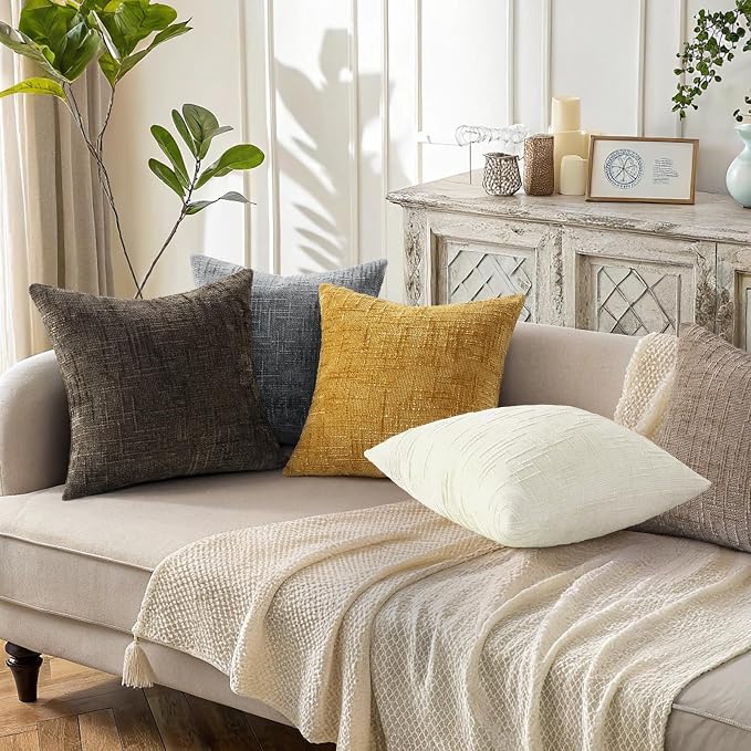 decorUhome Textured Chenille Throw Pillow Covers 22x22 Set of 2 Cream White | Fall Modern Farmhouse Soft Cozy Slubby Couch Pillow Cases Boho Decorative Pillow Cases for Bed Sofa Living Room Home Decor