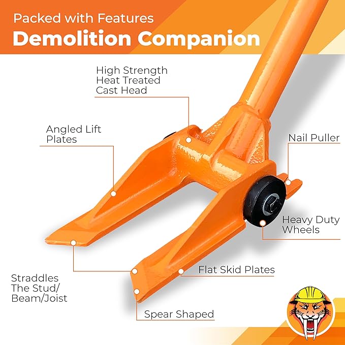 60” Demolition Pry Bar & Crowbar – Round Handle Wrecking Bar for Ceiling & Wall Demo – Heavy Duty Nail Puller Tool for Contractors, Firefighters & Home Renovations