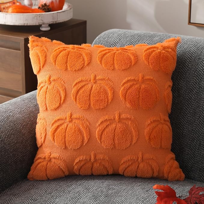 DFXSZ Fall Pillow Covers 18x18 2Pcs Orange Pumpkin Fall Decoration for Home | Fall decor Set of 2 Throw Pillow Cases Soft Plush Faux Fur Wool Couch Cushion for Chair Sofa Bedroom Living Room Home Decor