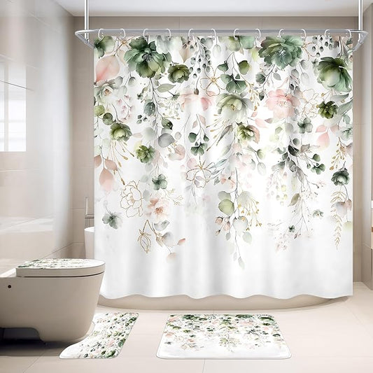 4 PCS Green Pink Floral Flower Shower Curtain Set 72Wx72H Inch Watercolor Pastel Plant Complete Bathroom Set Non-Slip Bath Rug Toilet Lid Cover and U Shape Mat Accessories 12 Hook Bathoom Decor