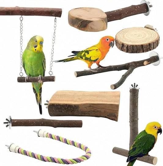 8PCS Natural Wood Bird Perches, Parrot Perch Stand & Chewing Toy with Multi-Branch & Rope, Cage Accessories for Parakeets, Conures, Cockatiels, Lovebirds, Budgies