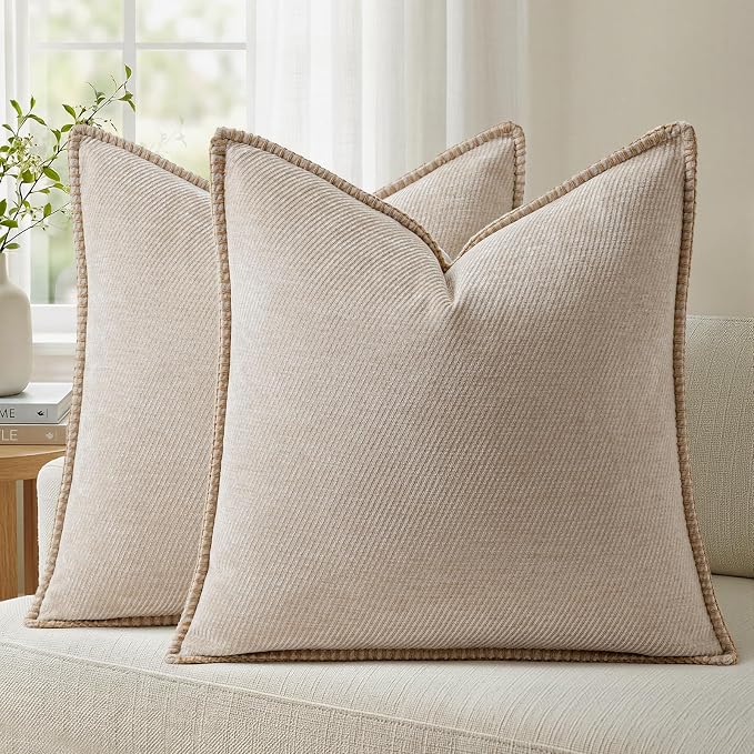 a moment Pack of 2 Decorative Chenille Throw Pillow Covers with Twill Cushion Covers for Sofa Living Room Couch Bed 24x24 Inch,Crafted Border Beige