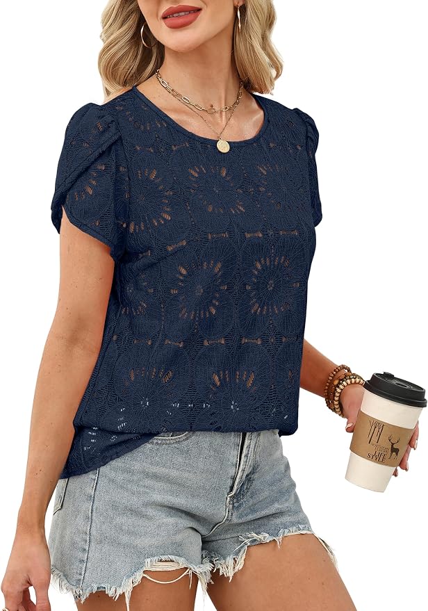 OFEEFAN Blouses for Women Dressy Casual Petal Short Sleeve Shirts Crochet Lace Boho Tops Spring Fashion Summer Outfits
