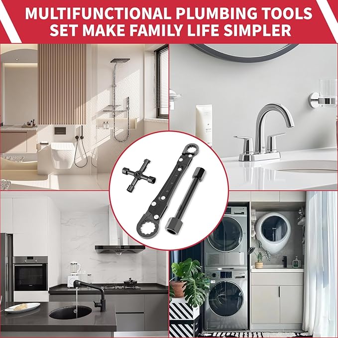 Plumbing Tools Angle Stop Wrench Kit - 3-Piece Plumber Tool Set with Compression Sleeve Puller & 4-Way Sillcock Key - Fits 3/8" & 1/2" MPT Ferrule Removal Tool for Tight Spaces Under Sink-Black