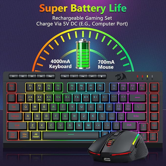 Redragon Wireless Gaming Keyboard and Mouse Combo, 75% Portable, Black | Bluetooth/2.4G/USB-C Wired, RGB Backlit, Quiet Rechargeable Macro Membrane Keyboard & 12800 DPI Mouse for Win/MAC