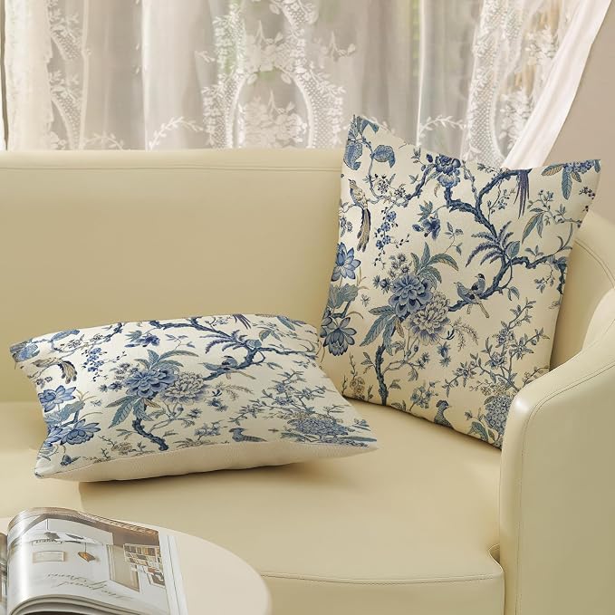 Chinoiserie Floral Bird Pillow Covers 16x16 Set of 2 Spring Chinoiserie Flowers Decorative Pillowcase Outdoor Blue and Cream Throw Pillows Farmhouse Linen Cushion Case for Couch Home Decor